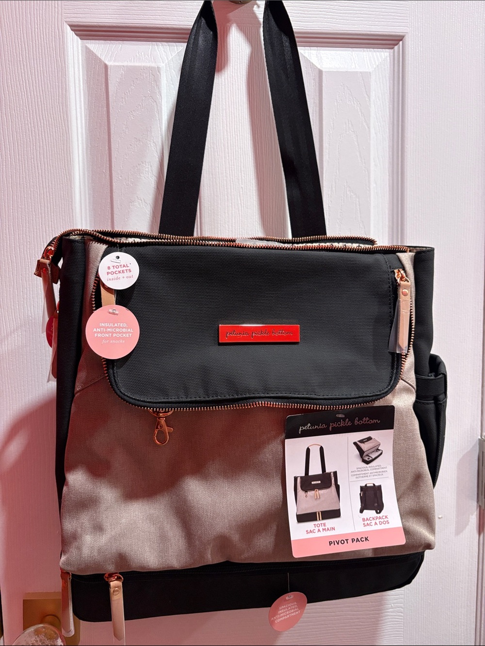 BNWT Petunia Pickle Bottom Pivot Pack Tote Diaper Bag Backpack - Black & Taupe
